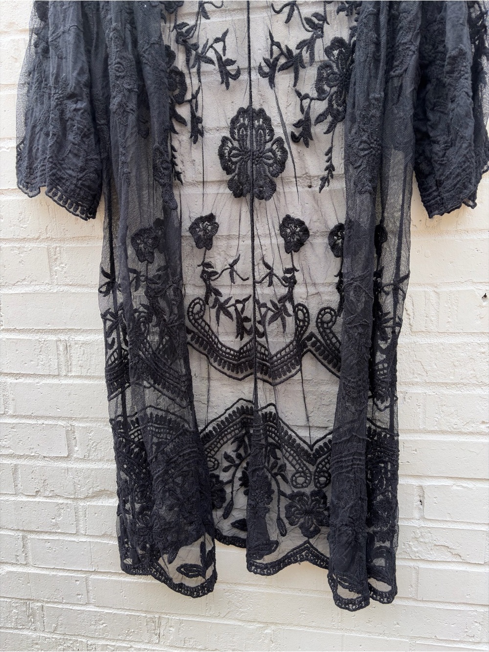 Black Sheer Boho Embroidered Woven Heart Kimono Cardigan - Picture 4 of 9